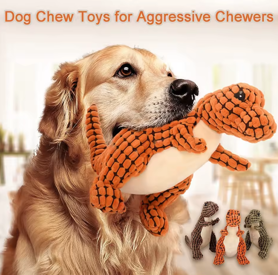 Indestructible Dog Toy Robust Dino Durable Squeaky Dog Chew Toy for Aggressive Chewers
